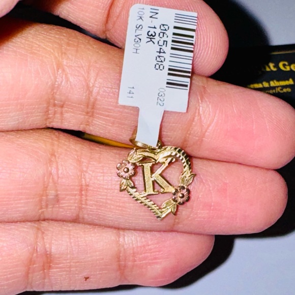 Jewelry - 10K Solid Yellow Gold “K” Heart Initial Diamond-Cut Pendant, FREE APPRAISAL INCL